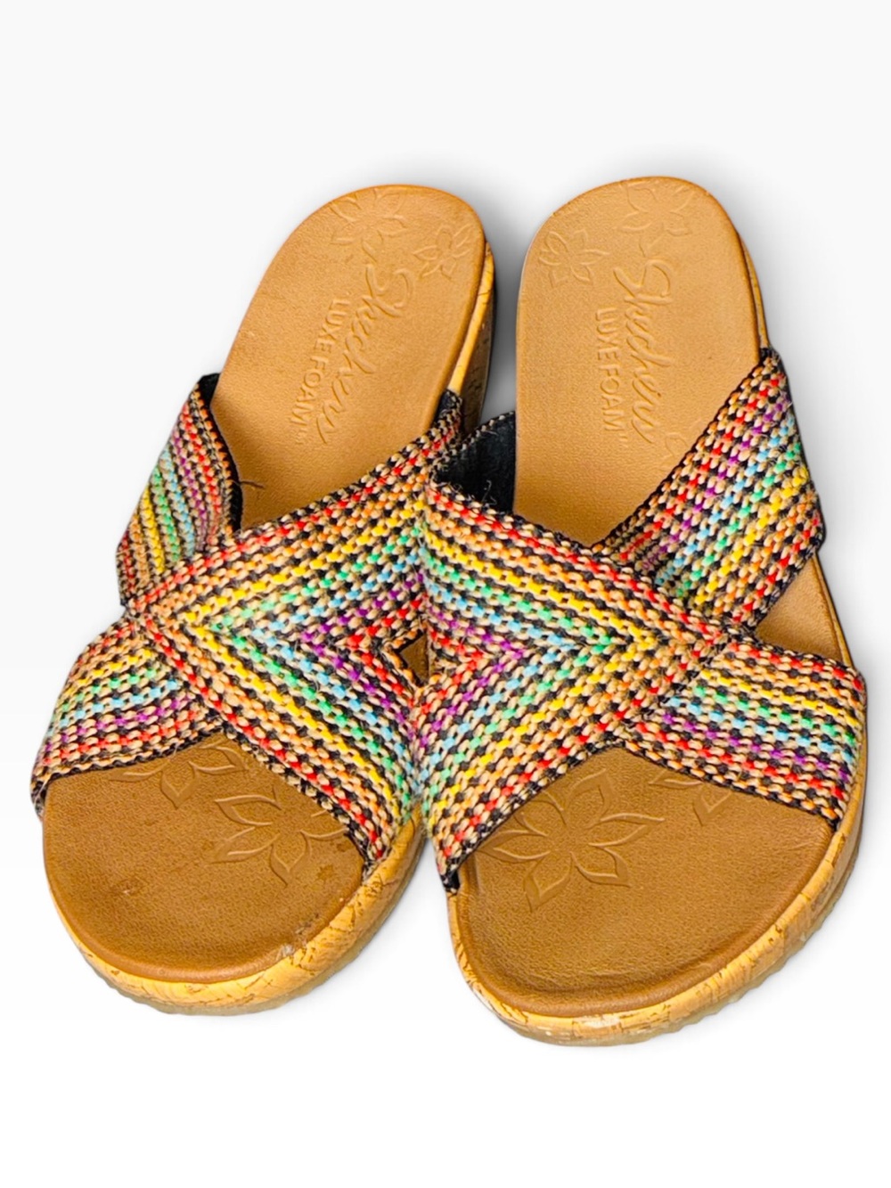 Skechers Cali Beverly Multicolor Criss Cross Luxe Foam Wedge Sandals 2.5” heel